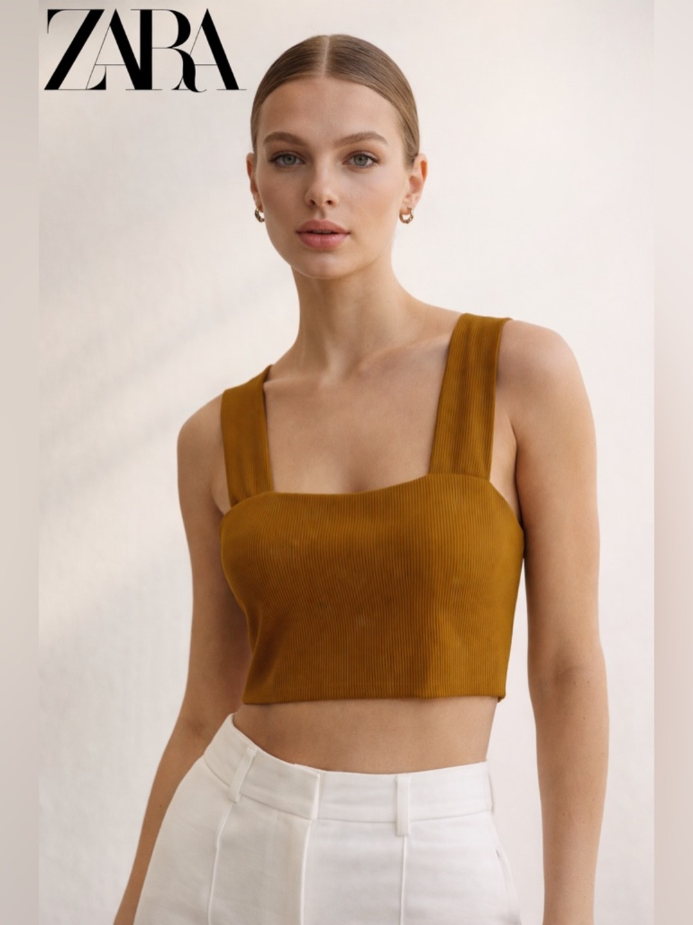 ZARA Mustard Ribbed Square-Neck Crop Top